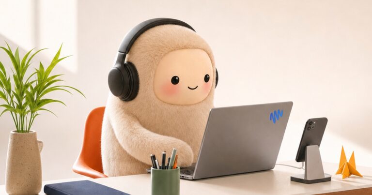 Hình minh họa trợ lý AI Muse: nhân vật hoạt hình đội tai nghe làm việc trên laptop